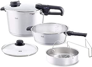 Fissler vitavit premium 6 Piece Pressure-Cooker Set (6.4qt & 2.7qt) with Glass Lid, Insert, Stainless Steel Induction