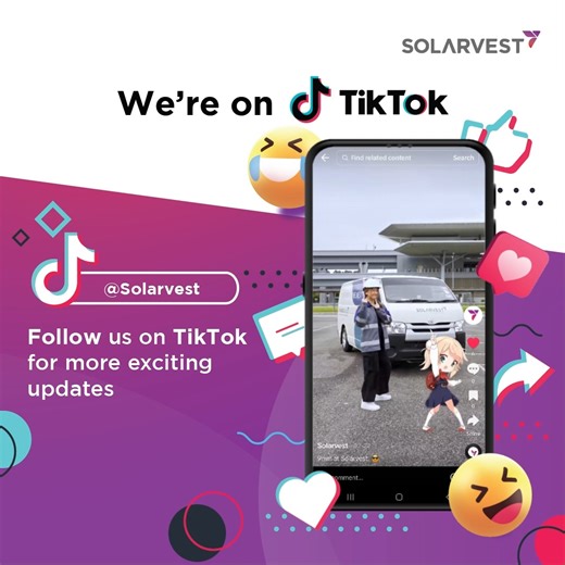 We are delighted to officially announce that Solarvest is now on TikTok! 🎉⁣⁣ ⁣⁣ To ensure we maintain a close connection with our diverse audience, especially the younger generation, Solarvest is now officially on TikTok! Here, you will get an exclusive glimpse into Solarvest’s creative side 💡. Catch the latest trends, enjoy fun challenges, and discover the fresh and innovative spirit of our company. You will find a blend of entertainment and enlightenment through engaging and informative cont