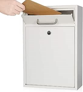 KYODOLED Steel Key Lock Mail Boxes Outdoor, Locking Wall Mount Mailbox, Security Key Drop Box, Collection Boxes,16.2H x 11.22L x 4.72W Inches, White X Large