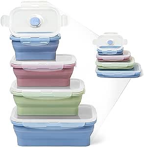 ICHC Set of 4 Collapsible Food Storage Containers - Space-Saving Silicone Meal Prep Boxes, Airtight and Stackable Lunch Containers, Microwave and Freezer Safe