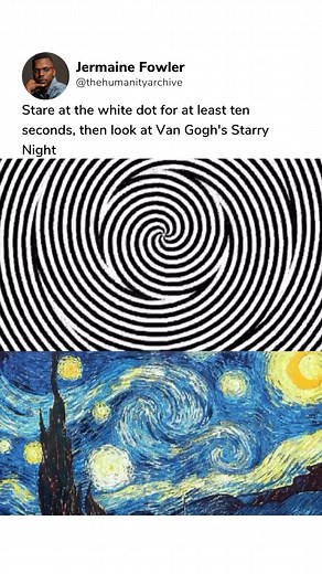 Behold above a spinning circle, its black and white lines whirring around a steady white dot. Below, one of Van Gogh's timeless paintings rests, brimming with static energy. This simple setup invites you to experience the captivating "Motion Aftereffect" – an optical illusion where a moving stimulus affects how you see a still one. Give the circle a solid ten-second stare and then shift your gaze to Van Gogh's painting. The magic unfolds as the painting seems to ripple and come alive.One can't h
