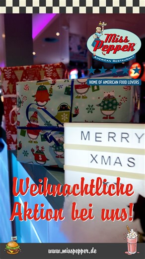 🎄 Weihnachten bei Miss PeppeR steht vor der Tür! 🎅 Auch dieses Jahr haben wir wieder eine richtig coole Weihnachtsaktion für euch vorbereitet. Seid gespannt und verpasst sie auf keinen Fall! ✨ Bald geht’s los – macht unbedingt mit! 🎁🍔 #MissPeppeR #AmericanDiner #FoodLovers #Weihnachtsaktion #SeidGespannt | Miss Pepper American Restaurant