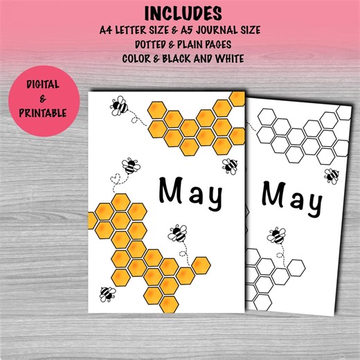 May Bee Journal Printable A4 A5 Planner Pages Dotted and Plain Honeycomb Theme Color and Black White Digital Printable - Etsy