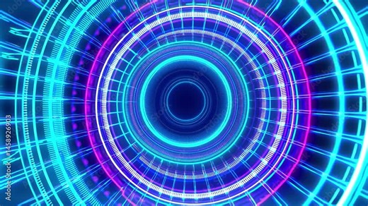 Blue and purple circle with neon lights surrounding it. The circle is the center of the image and the lights are surrounding it in a spiral pattern. The colors of the lights create a vibrant