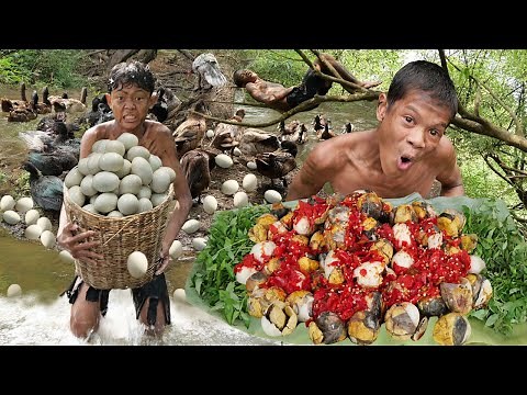 Primitive Technology - Hear The Sound Duck In The Forest & Cooking Egg - Eating Delicious