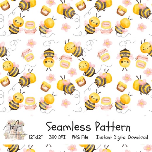 Cute Watercolour Bee Seamless Pattern | Honey Bee Digital Paper | Spring Floral Repeat Design | Commercial Use | Honey Pots and Flowers - Etsy