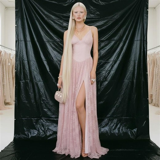 Pink Lace Prom Dress With High Slit - Fairycore Sequin Floor Length Gown - Etsy