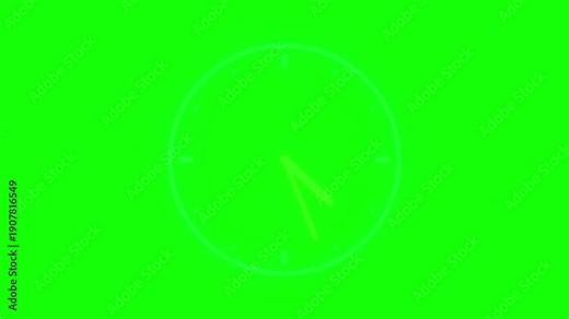 Dynamic neon glowing analog clock face animation shows passing time moving quickly across the dial on transparent background