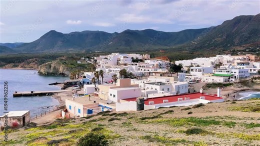 whitewashed village on Andalusia coast, Tour tourism in Spain, La Isleta, Cabo de Gata