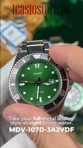 Casio MDV-107D-3A2VDF – Dive in style with 200m water resistance & bold green dial. Tough & timeless