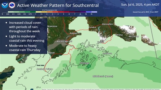 25K views · 61 reactions | An active weather pattern is set to return to Southcentral Alaska as we move into the work week. Expect cooler temperatures, increased cloud cover, and periods of rain for the remainder of the week. Here is a graphic showing mean 6-hour precipitation totals through Thu 4 PM. Head over to weather.gov/afc for more info! #akwx | US National Weather Service Anchorage Alaska | Facebook