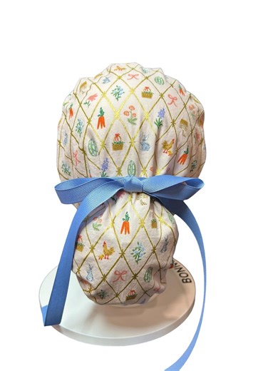 Rifle Paper Co Easter Scrub Cap: Pink Easter Argyle Ponytail Hat With Ribbon Ties - Etsy