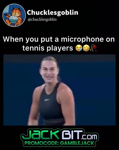 @chucklesgoblin on Instagram: "This video is a humorous compilation showcasing the exaggerated grunts and comical sounds tennis players make during intense rallies. It begins with a clip of professional player Aryna Sabalenka, who is seen laughing and interacting with the crowd, setting a lighthearted tone. Key Highlights • Exaggerated Grunts: The video features a match between Novak Djokovic and Stefanos Tsitsipas at the Australian Open, where the standard “grunting” sound typically heard in te