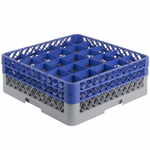 Noble Warewashing 25-Compartment Gray Full-Size Glass Rack with 2 Blue Extenders