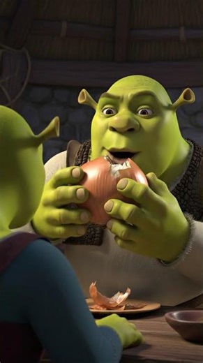 shrek eating onions in front of another ogre