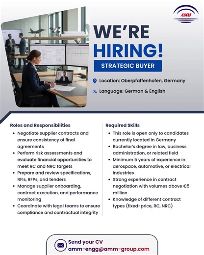 Exciting opportunity for an experienced Strategic Buyer to join a leading client on a major project in Germany. Position: Strategic Buyer Location: Oberpfaffenhofen, Germany Language: German & English This role is open only to candidates currently located in Germany Share your CV at amm-engg@amm-group.com 👉 Explore all our job openings: amm-group.com/careers #germanyjobs #jobsingermany #jobsearchgermany #jobsgermany #germanyjobseeker #germany #nowhiring #AircraftMechanic #AviationJobs #Engineer