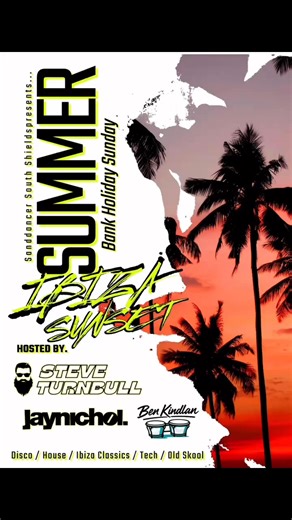 ☀️ BANK HOLIDAY SUNDAY = IBIZA SUNSET 🌴From 4PM till late at the Sanddancer South Shields –🔥 Sun, cocktails & serious beach party energy!🎧 Steve Turnbull – 30 years of global gigs, bringing it home with that signature South Shields vibe.🎧 Jay Nichol – International club legend with feel-good, high-energy sets.🥁 Ben Kindlan – Just played with Sam Fender at St. James’ Park – now bringing live percussion to the beach!🎶 Disco / House / Ibiza Classics / Tech / Old Skool🌊 Vibes guaranteed. Let’