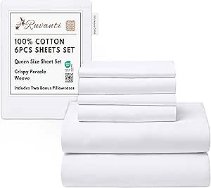 RUVANTI 6 Pcs Cotton Sheets - 100% Natural Cotton Soft, Lightweight & Breathable Crispy Percale Bed Sheets, Queen Sheet Set 16" Deep Pockets, Bright White