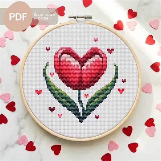 Red Heart Tulip PDF Cross Stitch Pattern: Floral Love Design for Beginners (instant Download) - Etsy