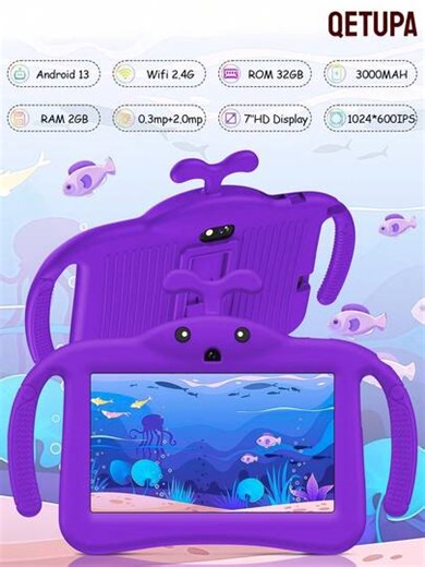 Qetupa 7-Zoll Android 13 Kinder Tablet, A133 Quad-Core 1,6GHz Prozessor, 2GB RAM + 32GB ROM, 1024*600 IPS Touchscreen, 3000mAh Akku, 0,3MP + 2,0MP Dual-Kameras, 2,4G WLAN, kommt mit stoßfester Schutzhülle, geeignet für Lesen und Spielen. Leichtes und robustes Design mit Gehärtetem Glas, damit Sie sich jederzeit und überall unterhalten können. Kann zum Schreiben und Zeichnen in Apps wie OneNote verwendet werden (Adapter nicht enthalten). | SHEIN