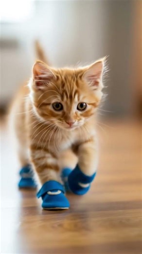 cute kitten walking with her new blue shoes #cat #wildlife #youtubeshorts #kitty