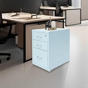 3-Drawer Vertical File Cabinet, Metal Filing Cabinet with Lock & Rolling Wheels, Office Storage Cabinet Under Desk for Home, Office, A4 Letter/Legal Size, Assembly Required (Blue)