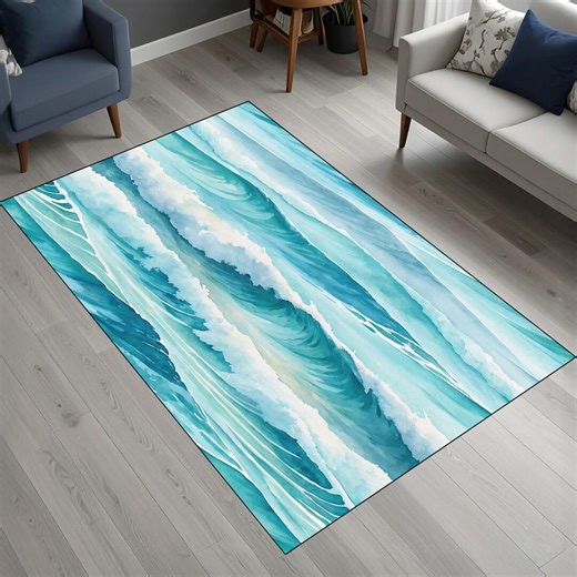 Turquoise Ocean Waves Rug, Coastal Beach House Decor Carpet, Modern Aqua Blue Area Rug - Etsy