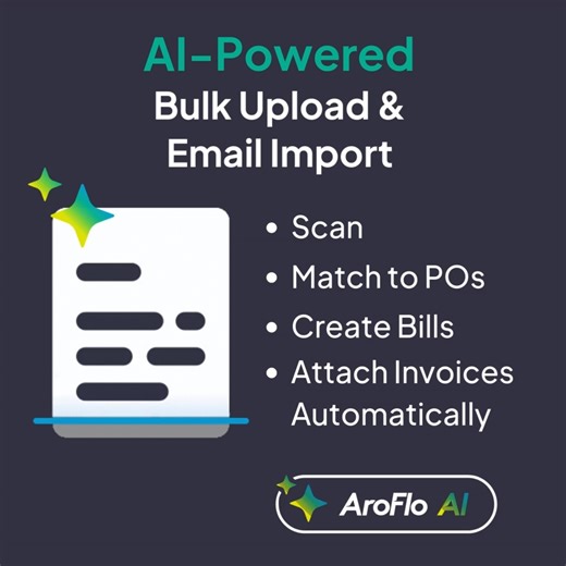 AroFlo Job Management Software on Instagram: "New in AroFlo: The AI-powered Bulk Upload & Email Import feature. Want to ditch manual invoice entry? Now you can simply email or bulk-upload supplier invoices — AroFlo will scan, match to POs, create bills, and attach invoices automatically. Less admin, more productivity. 💡 Great for finance teams & procurement pros. Link in bio. #AroFlo #InvoiceAutomation #FinTech #SMB #WorkflowEfficiency #AI #Email #Invoice"