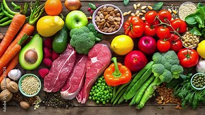 The concept of healthy eating with fresh fruits and vegetables. Balanced nutrition. Healthy nutrition. Proper nutrition. Healthy eating. Balanced food background. Fruits and Vegetables. Healthy Food.