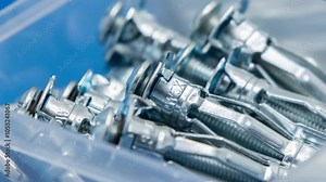 Metal dowel fasteners with expansion sleeves laying inside a plastic organizer box