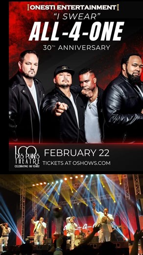 Take a trip back to the golden era of R&B as All-4-One takes the stage LIVE at the Des Plaines Theatre on February 22. From “I Swear” to “I Can Love You Like That,” experience the harmonies, the memories, and the magic that made the 90’s unforgettable. ✨ One night. One legendary group. 🎟️ Tickets are going fast—secure yours now and relive the soundtrack of your love story. | All-4-One