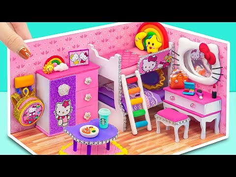 DIY Miniature House ❤️ Building Hello Kitty Pink Bedroom with Bunk Bed, Makeup Set from Polymer Clay