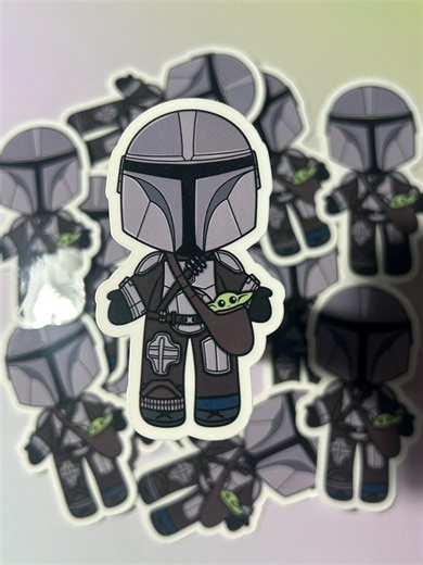 Galactic Bounty Hunter & Baby Alien Sticker – Cute Chibi Hero Vinyl Decal – Waterproof Laminated Laptop Sticker - Etsy