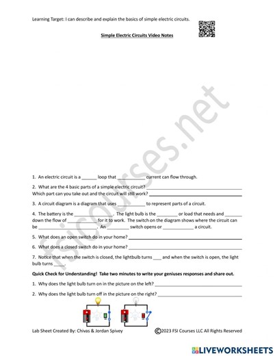 Simple Electric Circuits Video Notes with Video worksheet