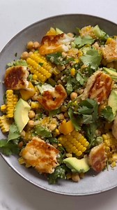 CORN, HALLOUMI & QUINOA SALAD SENSATIONAL SALAD SERIES DAY 23/30 Serves: 4 Ingredients: 2 cups rocket 6 cups water 1 cup white quinoa 1 teaspoon powdered veggie stock 400g canned chickpeas, drained and rinsed 3 corn cobs, husks removed 1 lebanese cucumber, diced 1 large mango, diced 3/4 cup coriander, roughly chopped 1 large avocado, diced 200g halloumi cheese, cut into cubes or strips 1 tablespoon extra virgin olive oil 1 teaspoon honey Dressing: 1/4 cup olive oil 1 limes, juiced 1 jalapeño, de