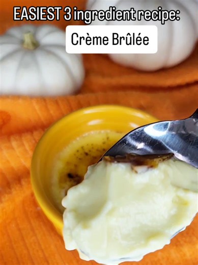 🍮 Rich, creamy, and ridiculously easy! Discover the simplest creme brulee recipe ever! 1 cup heavy cream 1/4 cup sugar 3 egg yolks Heat the heavy cream on the stove top and add sugar. Once sugar dissolves, remove from heat. Temper the egg yolks by adding the cream slowly and stirring to avoid scrambling. Pour into 3 ramekins and bake at 350 for 30 minutes. Broil the sugar on each one to make a hard caramel crust. Enjoy!