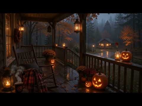 Cozy Halloween Porch 🎃 Rain, Thunder & Wind Sounds | 1 Hour 4 K