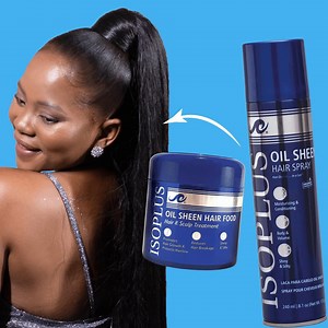 Get that flawless shine and silky smooth finish with our Isoplus Oil Sheen Hair Spray – your go-to for a radiant, healthy look. 🌟 Perfect for adding that extra touch of glamour to your style! Pair it with our Isoplus Hair food which helps promote hair growth and protects hairline.💙 #isoplus #OilSheenSpray #Hairfood #ShinyHair #SilkySmooth #HealthyHair #HairGoals | ISOPLUS