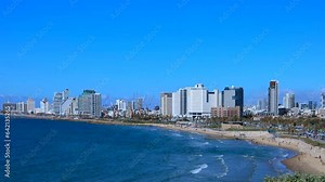 Scenic Israel Tel Aviv coastline seashore promenade with hotels and beaches near Old Jaffa port.