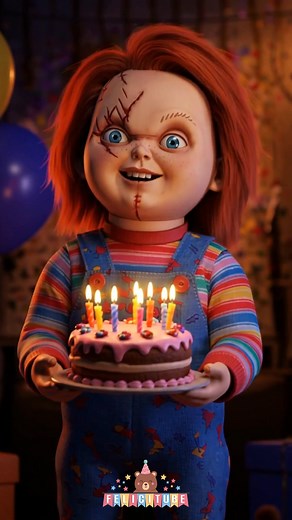 Que los Cumplas Feliz - Chucky - ¡Happy Birthday! ¡Feliz Cumpleaños! Película Child's Play - Terror Chucky trae una torta de cumpleaños y su toque de humor macabro para cantar contigo el clásico “Que los cumplas feliz”. Un video de cumpleaños con estilo terrorífico y divertido, ideal para los fans del cine de horror, Halloween o quienes aman un cumpleaños fuera de lo común. Prepárate para una mezcla única entre terror y celebración, donde Chucky demuestra que hasta los muñecos asesinos saben dis