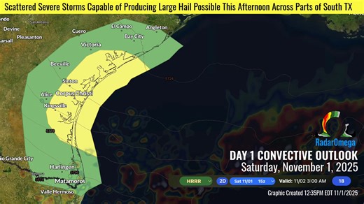 Today (11/1): A hail-driven Slight Risk of severe thunderstorms has been introduced to parts of south Texas by the SPC. Locally damaging winds will also be possible as storms progress through the afternoon and evening. #txwx | RadarOmega
