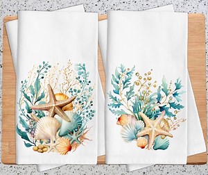 Sea Shell Kitchen Towel Set: Beach House Decor - Etsy