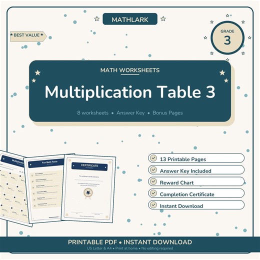 Printable Multiplication Table 3 Worksheets | Grade 3 Math PDF With Answers - Etsy