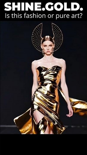 Avant-garde fashion shorts: Golden futuristic dress redefining power and elegance on runway #fashion