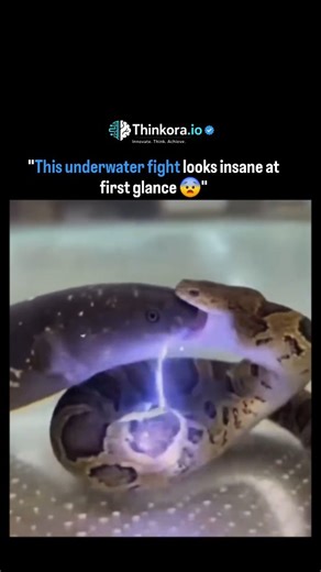 Thinkora on Instagram: "In the water, a lightning fish clashes with a snake in a fight that feels unreal. Sparks of electric energy flash through the water as the fish strikes, lighting up the depths for a split second. The snake coils and darts back, moving with cold precision, trying to avoid the shock while closing in for a deadly bite. Water churns, power crackles, and instinct takes over as predator meets predator in a tense underwater battle where one mistake could mean instant defeat. ⚡🐍