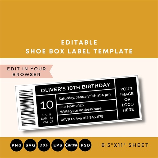 Editable Shoe Box Label Template: Canva Customizable DIY Printable Digital Download SVG for Party - Etsy