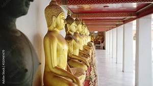 Gold Buddha Statues in Bangkok, Famous Thailand Buildings with a Line of Lots of Buddhist Statues in a Row at Beautiful Wat Pho (Temple of the Reclining Buddha), a Famous Tourist Destination