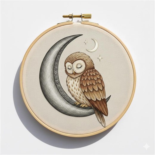 Owl at Moon Hand Embroidery, Owl Bird Embroidery Design, Instant Download (PDF Template) - Etsy