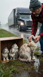 390K views · 11K reactions | A mother Persian cat protects her kittens in a cardboard box on a rainy highway shoulder from an approaching semi-truck. The truck pulls up and its door opens, creating tension. | Vu Stories | Facebook