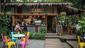 ☕✨ Hidden in the greenery, "CARL" is more than a coffee stop—it’s a slow sip under a thatched roof, a gravel crunch beneath colorful chairs, and the hum of espresso mingling with laughter. Come for the brew, stay for the mood. 🤎✨ #RusticRetreat #CarlCoffee #GardenCaféVibes | Carl